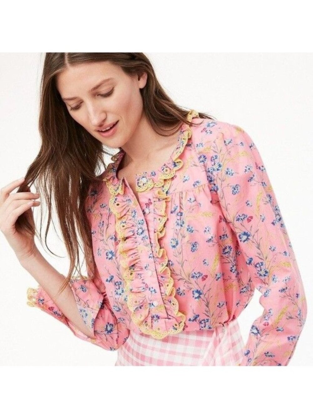 J.Crew Poplin Ruffle Blouse Size XS 100% Cotton Pink Wheat Bouquet Floral Print